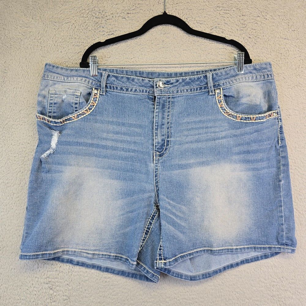 Vintage Y2K Faded Glory Shorts Womens 26W Flour De Lis Short Light Wash Denim‎